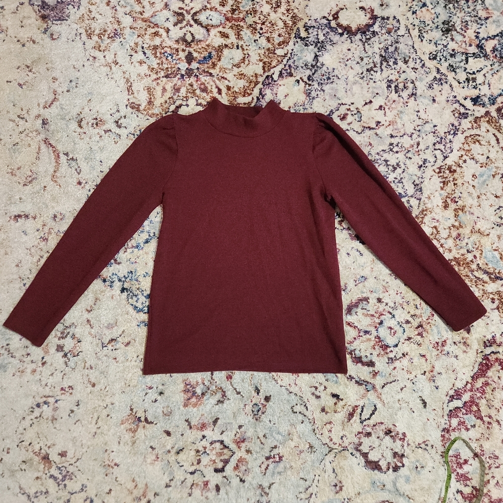 Madewell (Re)sourced Mockneck Puff-Sleeve Top Sweater Burgundy Size Small - Picture 2 of 14